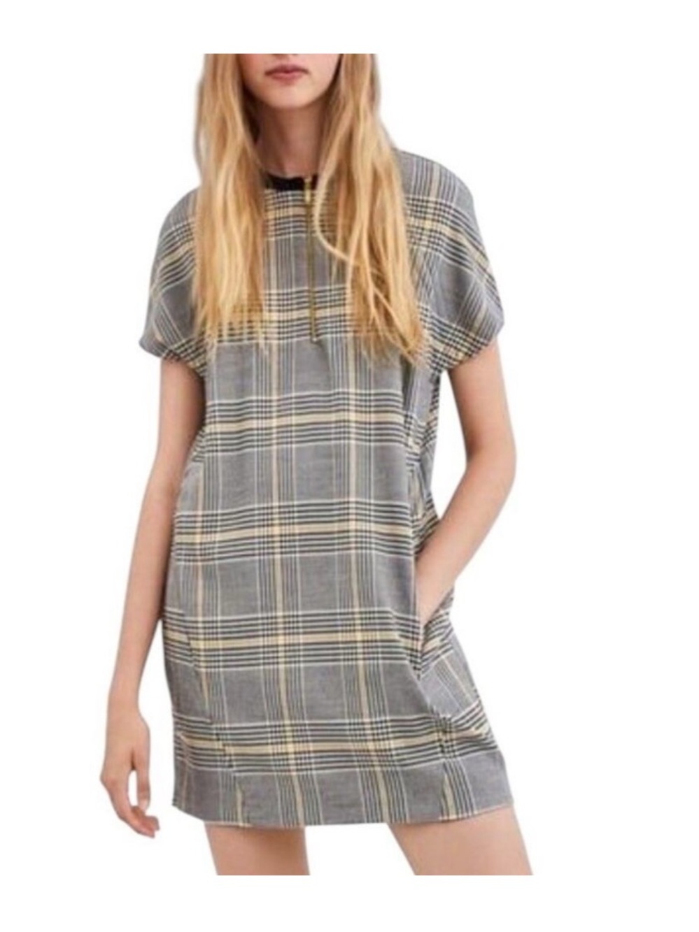 Zara TRF Preppy Plaid Mod Shift Dress Gray Yellow Half Zip Pockets Medium